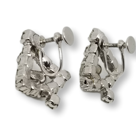 SPARKLING 1940s SILVERTONE & DIAMANTE ART DECO STYLE SCREW BACK EARRINGS - Picture 7 of 7